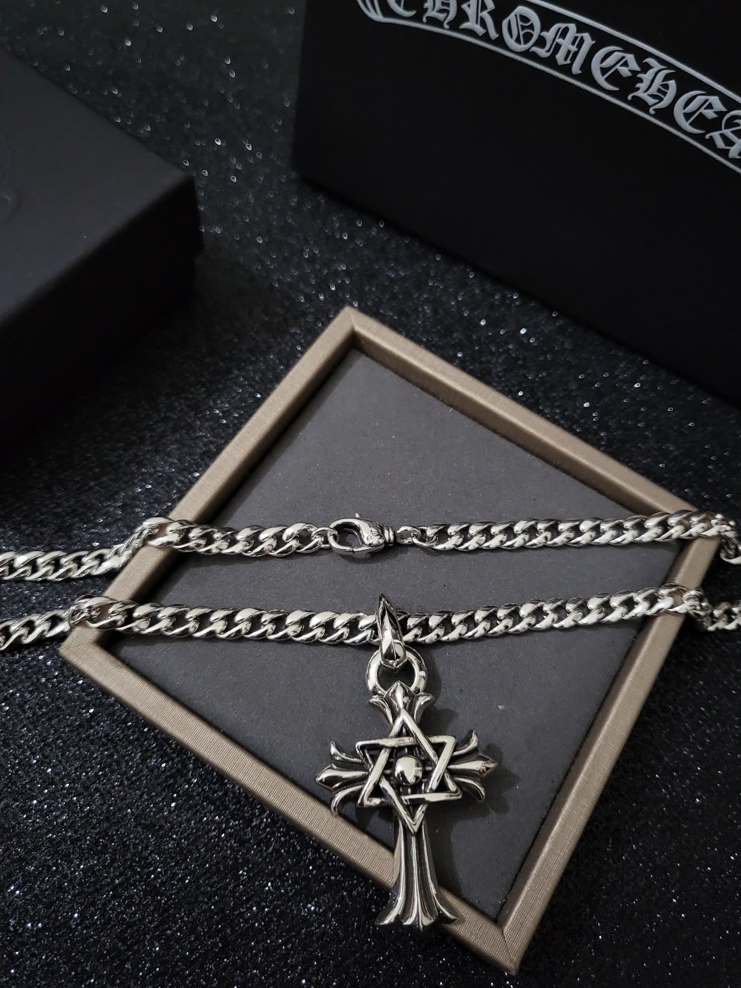 Chrome Hearts Silver Cross Pendant with Star of David